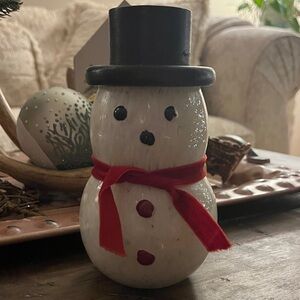 Anthropologie Snowman Candle with Red Scarf and Black Hat.